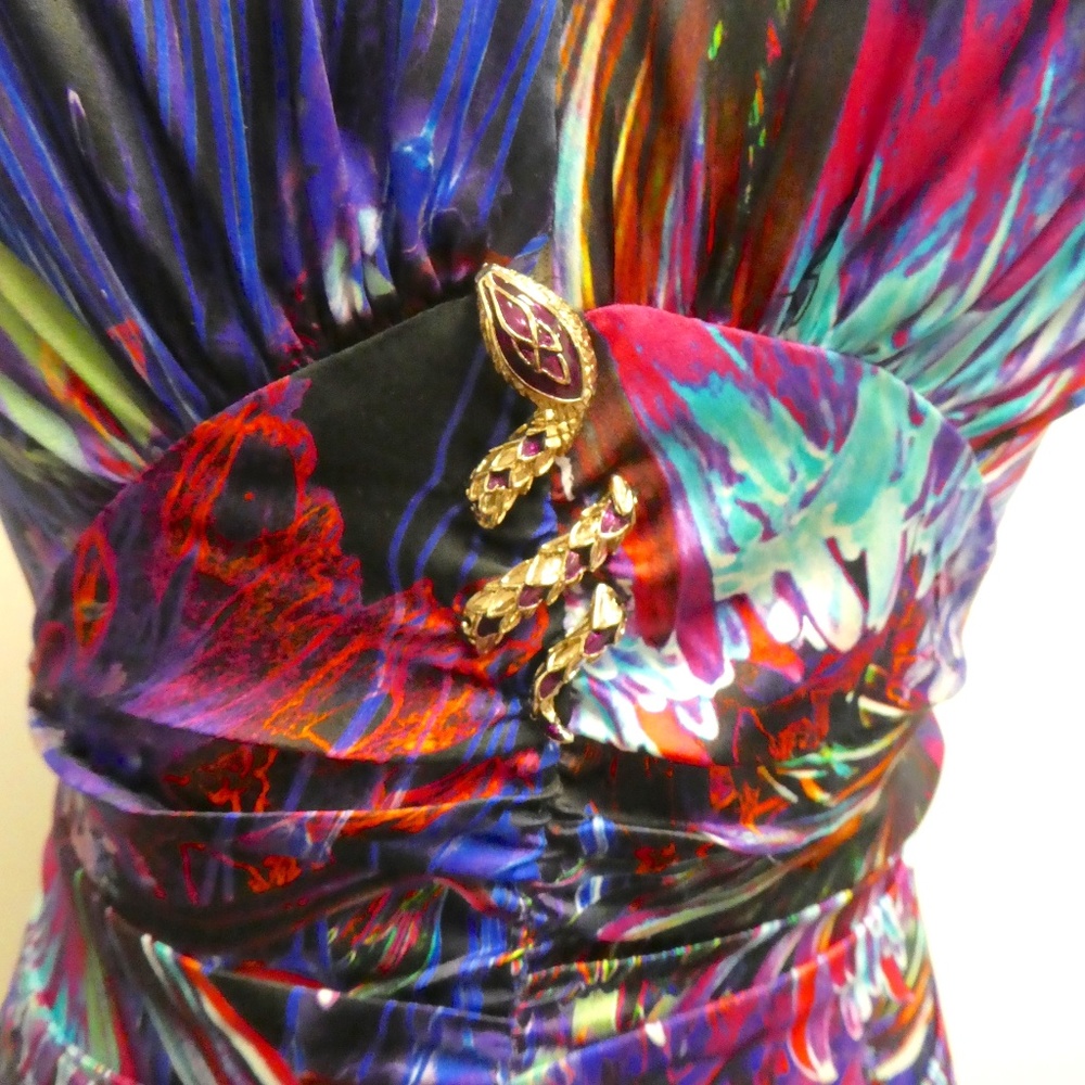 ROBERTO CAVALLI multicolor black purple ruched dress S stretch silk enamel snake